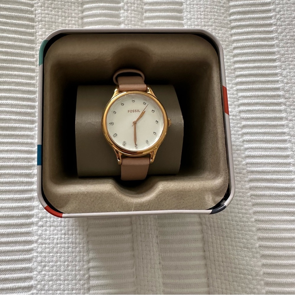 Fossil BQ3339 Gold Crystal Watch • Blush Leather Strap
Three Hand 14mm strap